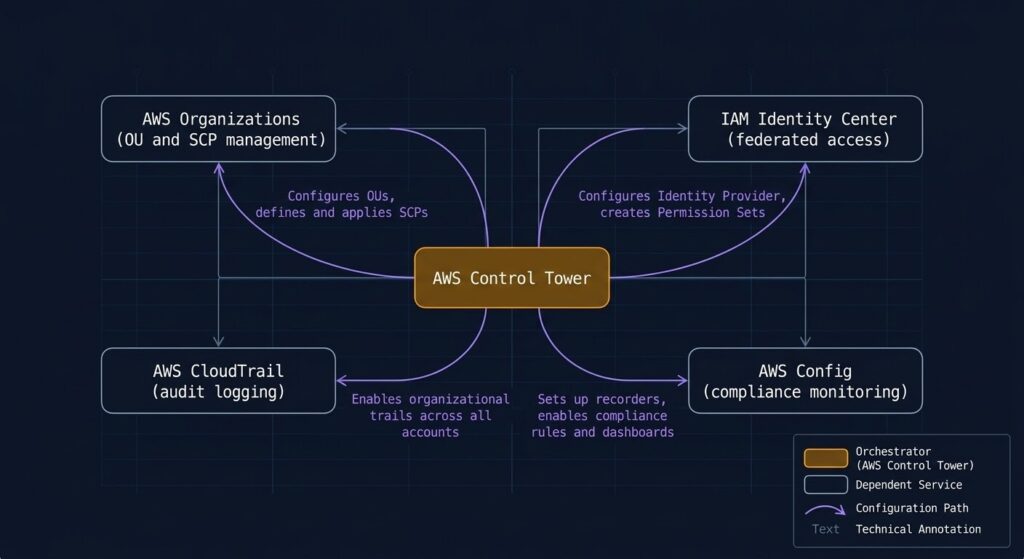 AWS Organizations Control Tower orchestration diagram showing service dependencies
