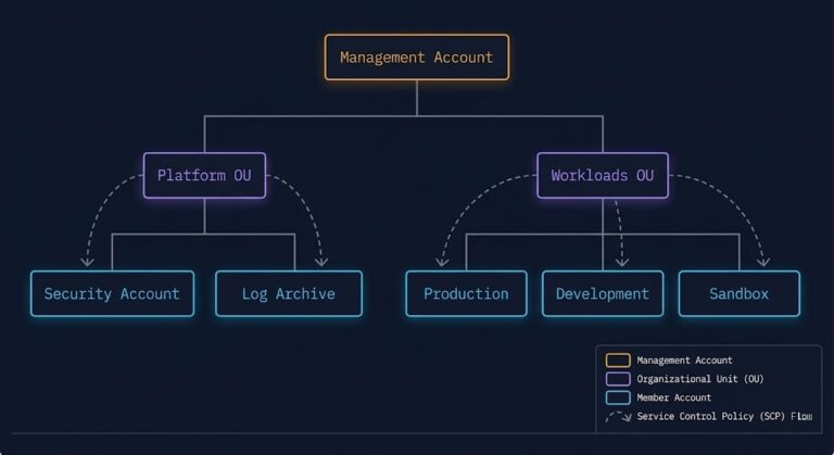 AWS Organizations Control Tower hierarchy diagram showing Management Account, OUs, and member accounts