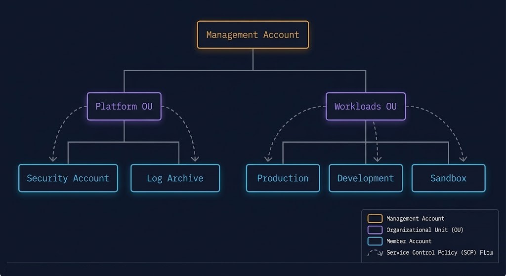 AWS Organizations Control Tower hierarchy diagram showing Management Account, OUs, and member accounts