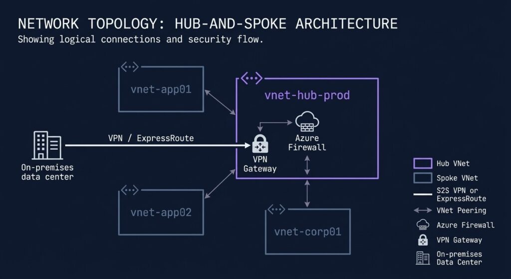 Azure Landing Zone guide — hub and spoke network topology diagram