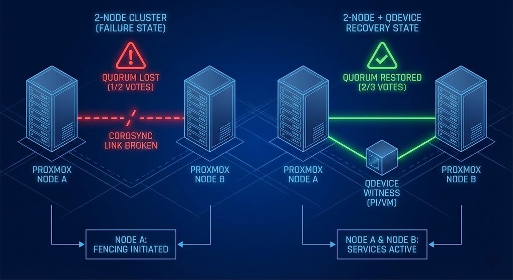 Network flow chart contrasting a 2-node failure vs. a QDevice recovery.