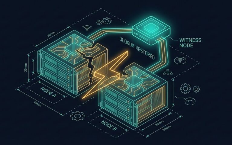 Isometric schematic of a Proxmox cluster showing a split-brain scenario.