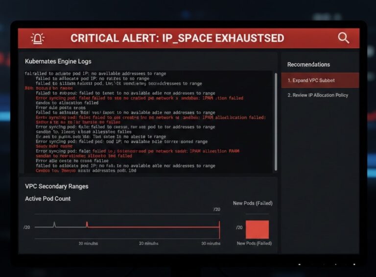 Google Cloud Console logs showing GKE pod IP exhaustion errors and failed pod scheduling.