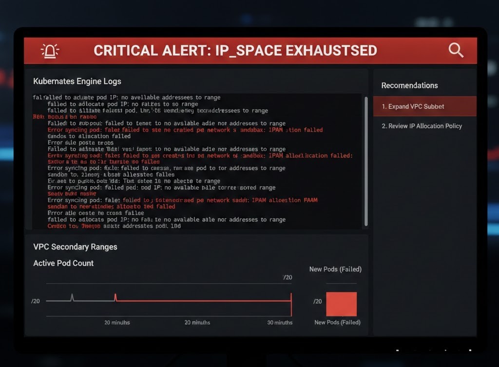 Google Cloud Console logs showing GKE pod IP exhaustion errors and failed pod scheduling.