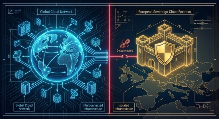 Concept art comparing a connected Global Cloud vs an isolated European Sovereign Cloud fortress.