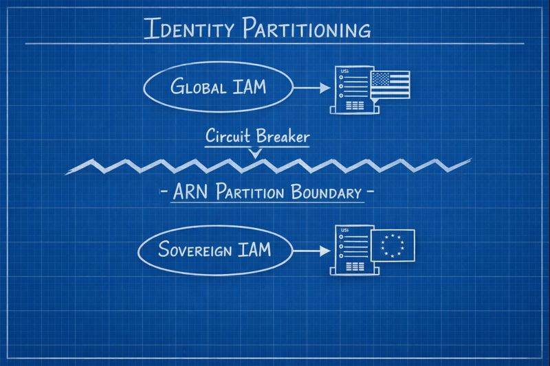 Technical diagram illustrating the IAM separation between AWS Global and AWS Sovereign Cloud partitions.