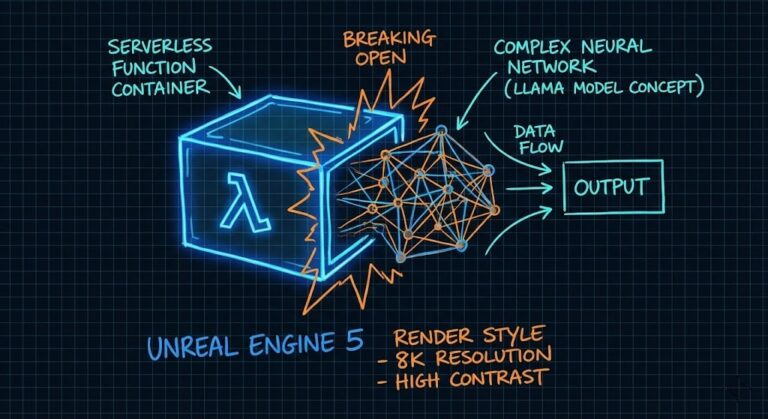 3D schematic of a serverless container loading a Llama 3.2 neural network model.