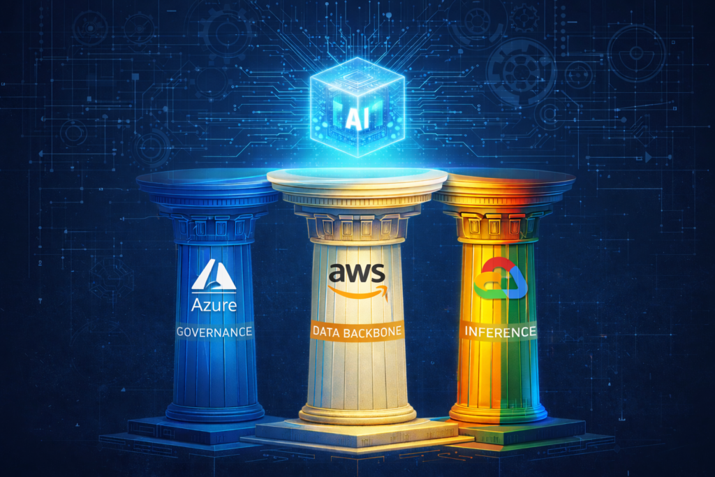 Multi-Cloud GenAI Architectural Pillars: Governance, Data, and Inference.
