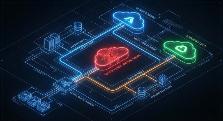 Blueprint schematic showing a cloud region failure being bypassed by multi-cloud routing.
