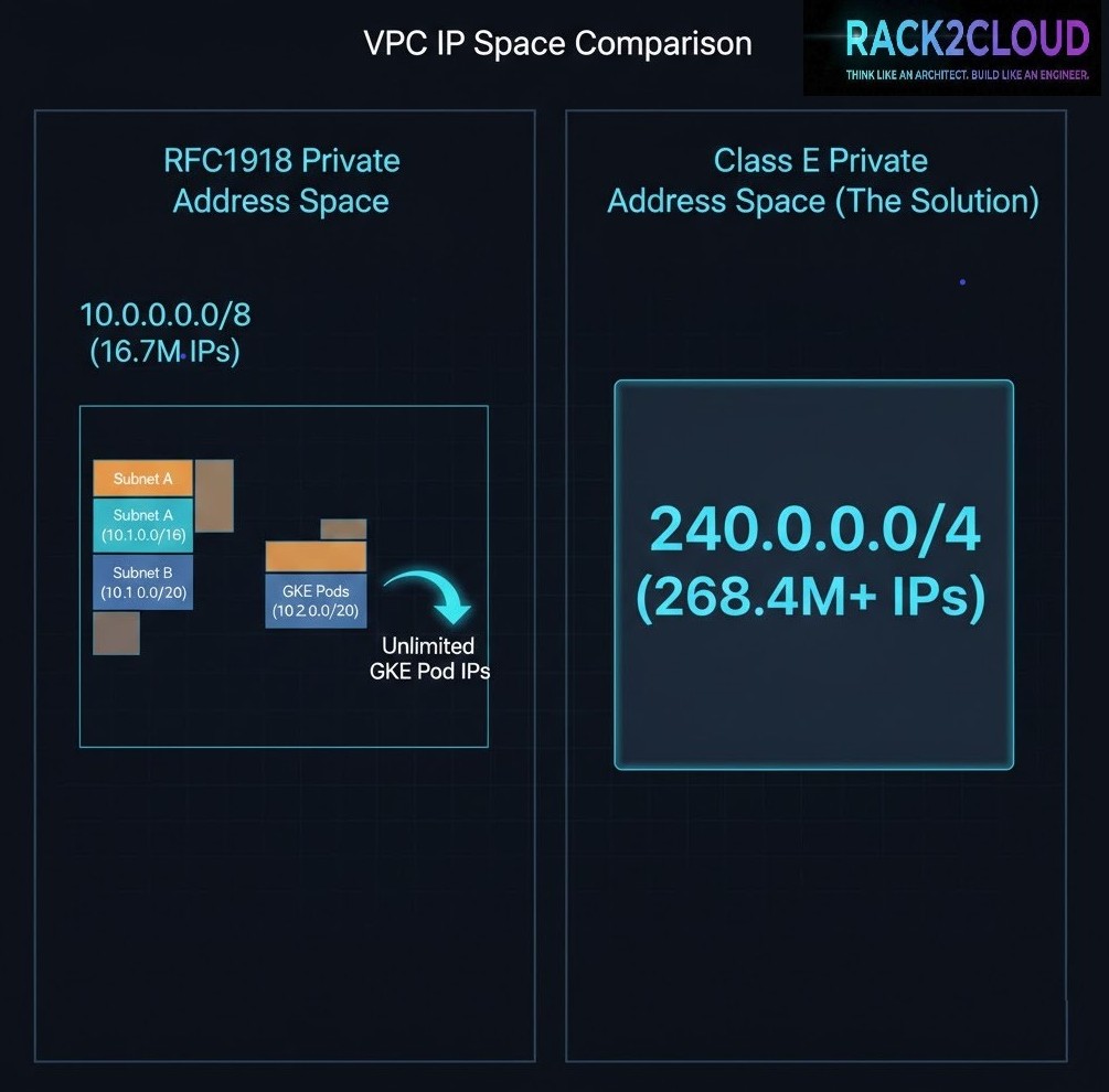 Comparison of RFC1918 private IP space versus Class E 240.0.0.0/4 address space