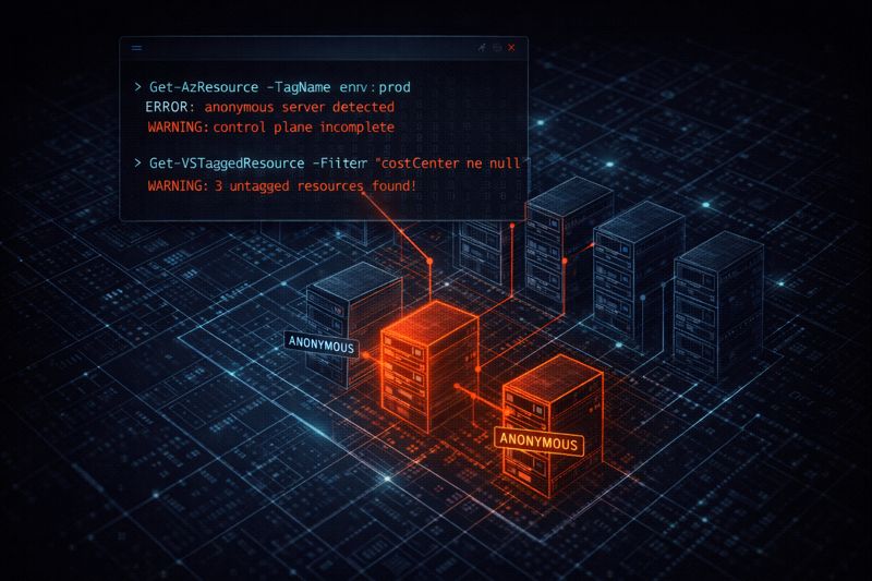 PowerShell terminal interface showing an audit of untagged cloud resources