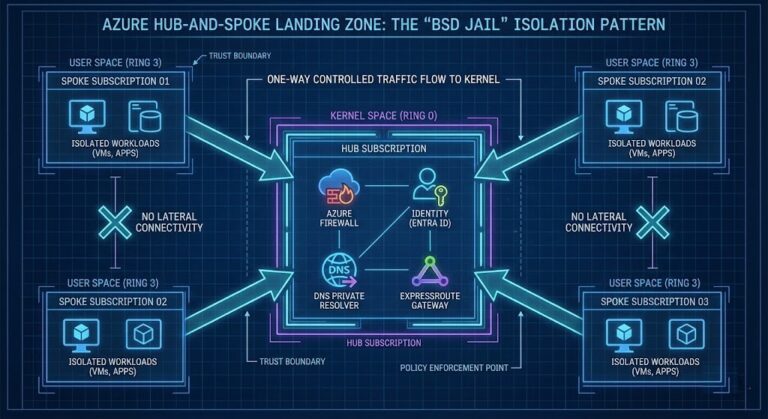 Diagram showing Azure hub-and-spoke architecture using a BSD Jail model, with a central hub subscription as kernel space and isolated spoke subscriptions as user space, enforcing hard security boundaries and preventing lateral movement.
