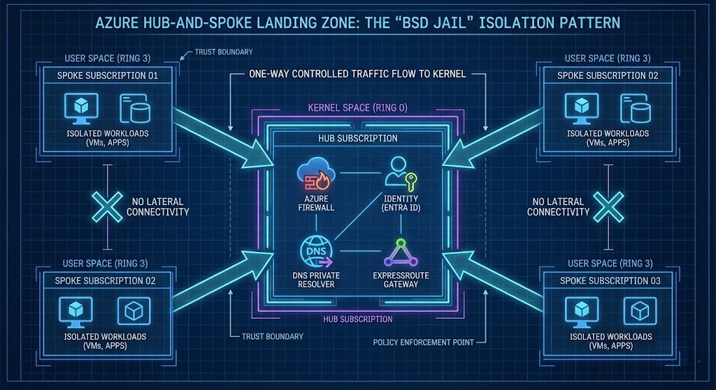 Diagram showing Azure hub-and-spoke architecture using a BSD Jail model, with a central hub subscription as kernel space and isolated spoke subscriptions as user space, enforcing hard security boundaries and preventing lateral movement.
