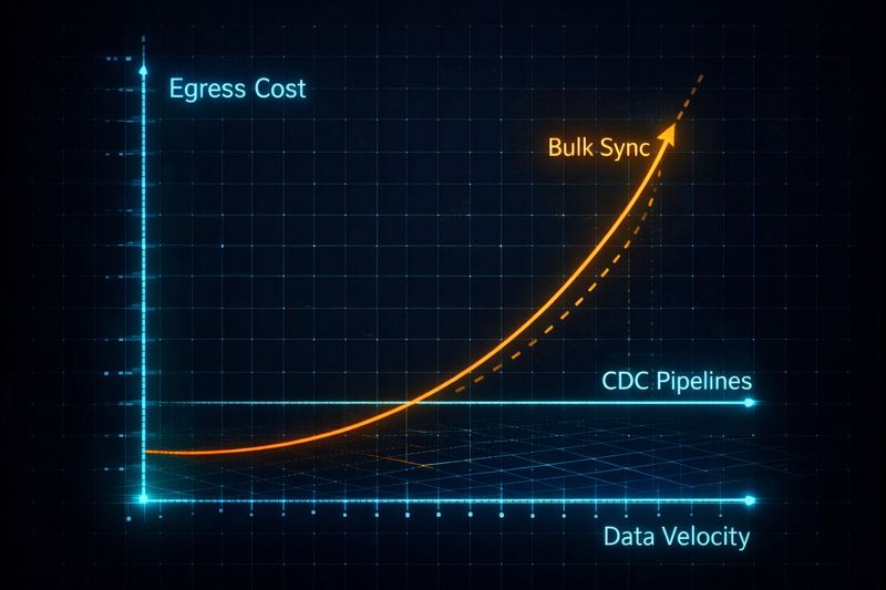 Graph comparing bulk data sync versus CDC pipelines, showing exponential egress cost growth for bulk sync and linear cost for CDC as data velocity increases.