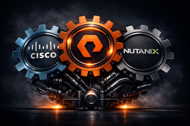 Cisco UCS, Pure Storage, and Nutanix logos interlocking to represent Disaggregated HCI architecture.
