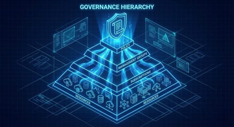 Isometric blueprint showing Azure Policy cascading down a management group hierarchy.