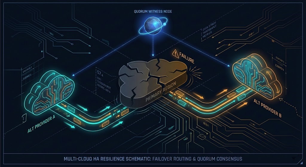 Isometric technical schematic showing a multi-cloud architecture with a failed primary cloud region and traffic rerouted across secondary providers, illustrating real-world cloud resilience beyond provider SLAs.