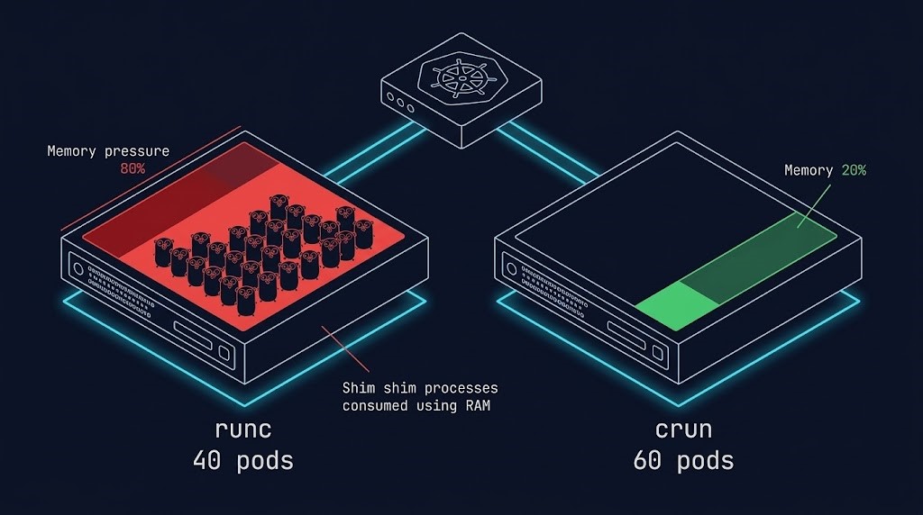 container runtime memory comparison containerd cri-o crun node density benchmark