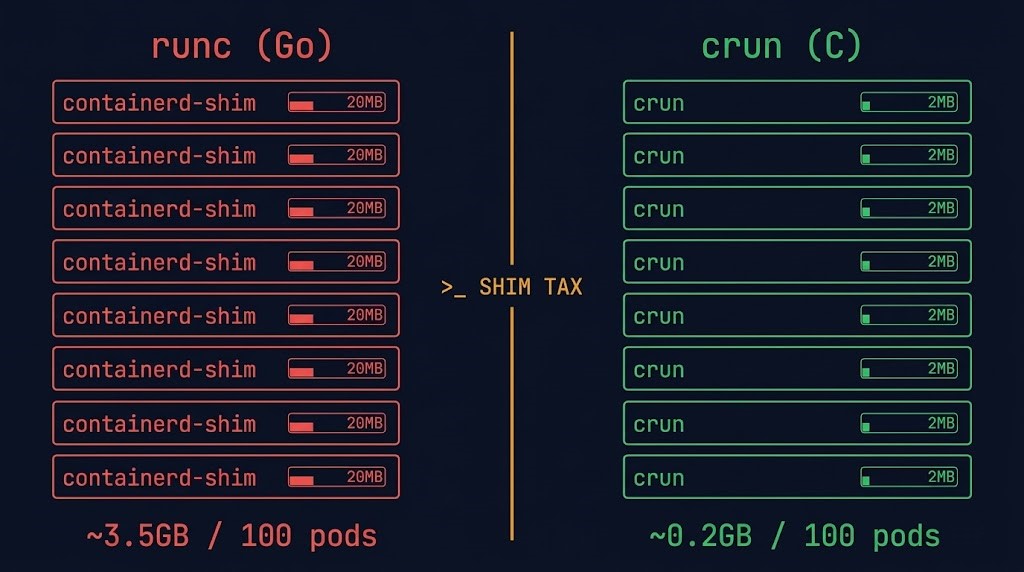 container runtime memory shim tax runc crun architecture comparison