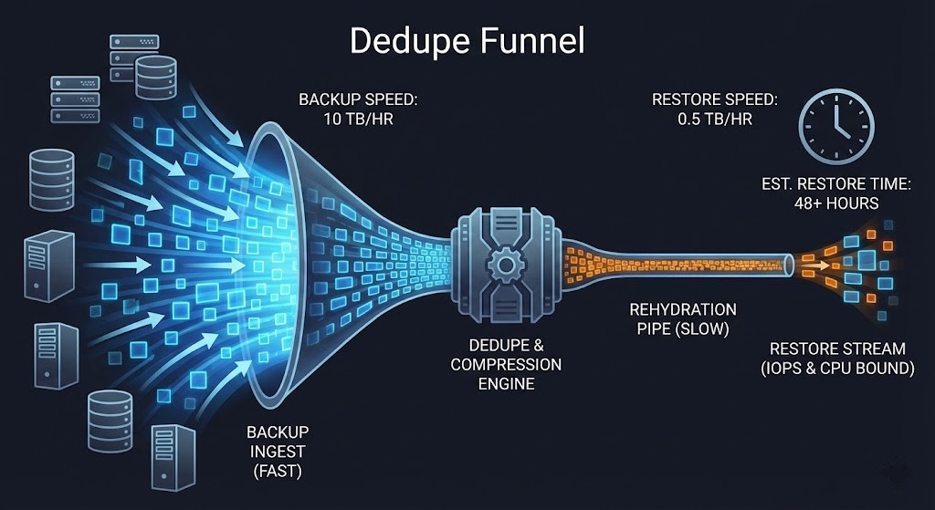 Diagram illustrating the Hydration Velocity bottleneck where re-inflating deduplicated data slows down recovery RTO.