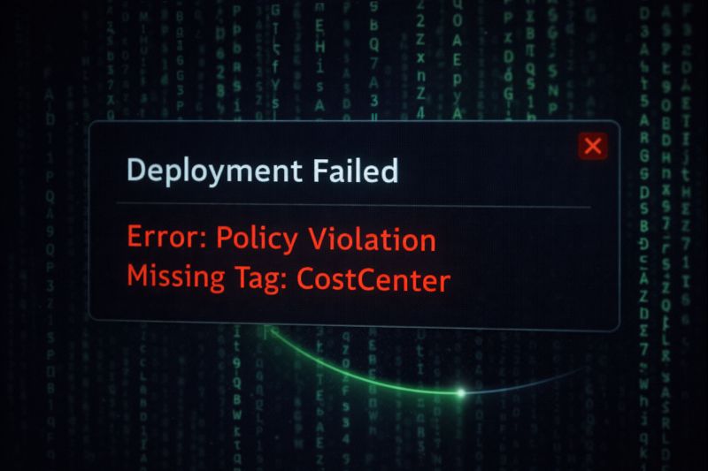 Azure Policy error message blocking a deployment due to missing mandatory tags.
