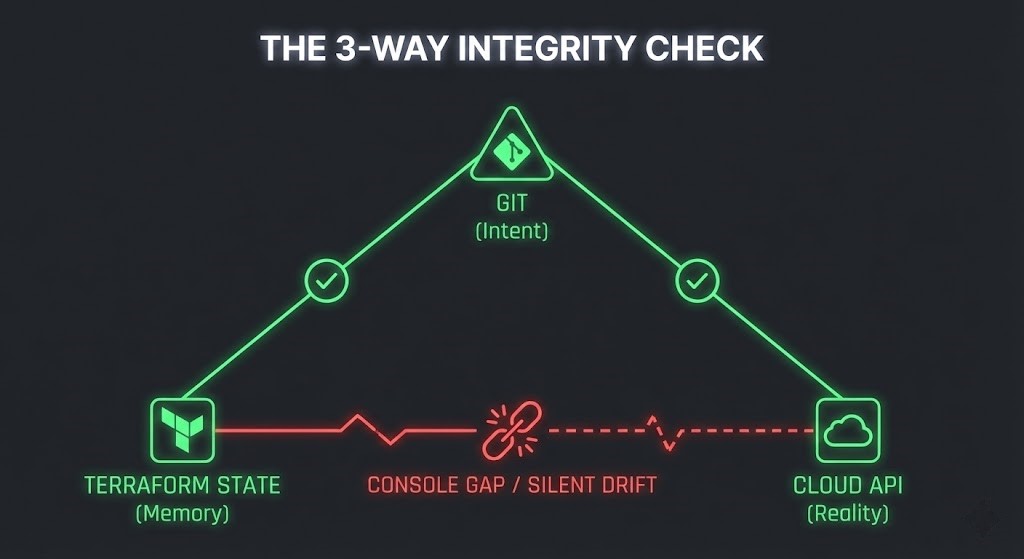 Diagram illustrating the 3-Way Integrity Model, highlighting the "Console Gap" where Terraform State fails to match the Cloud API reality.