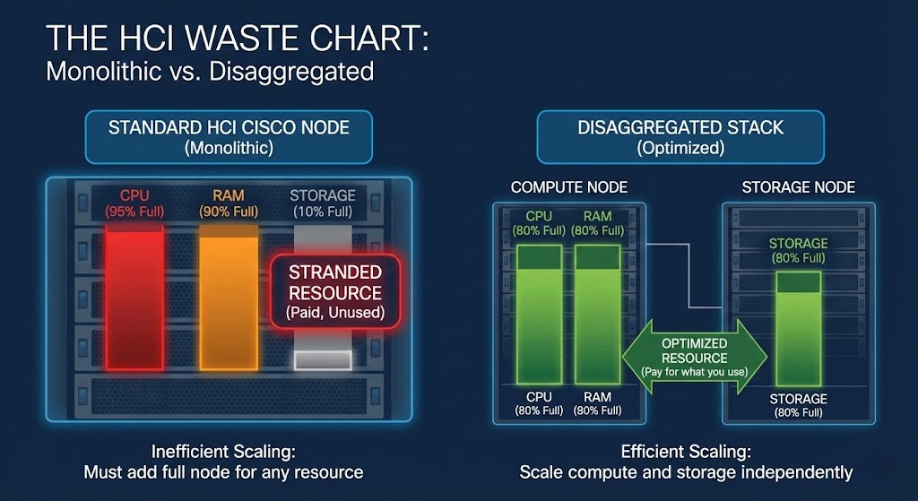 Comparison of resource waste in Monolithic HCI vs. Disaggregated HCI scaling.