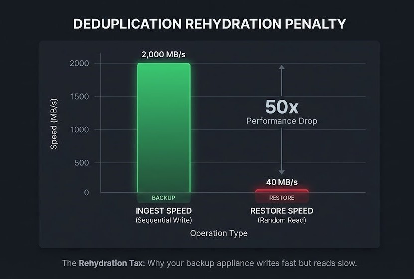 Chart showing the performance penalty of rehydrating deduplicated data during a mass restore.