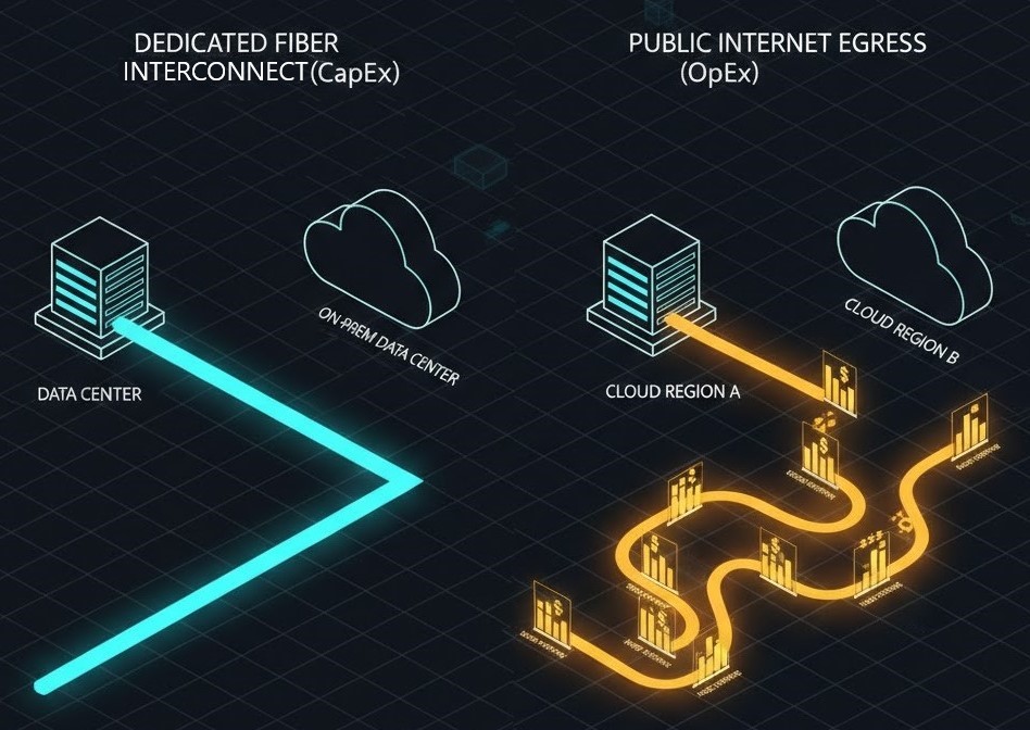 Isometric diagram comparing dedicated interconnect (CapEx) versus public internet egress (OpEx), showing how data movement drives unpredictable cloud costs.