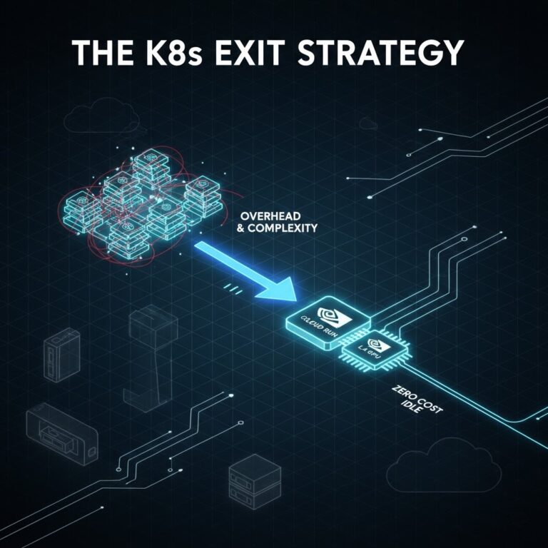 Technical schematic showing a complex Kubernetes cluster being replaced by a streamlined GCP Cloud Run with NVIDIA L4 GPU, representing the K8s Exit Strategy for AI.
