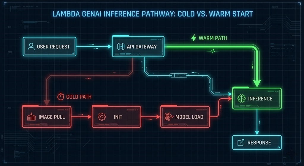 Flowchart comparing cold start vs warm start latency paths in AWS Lambda GenAI architecture.