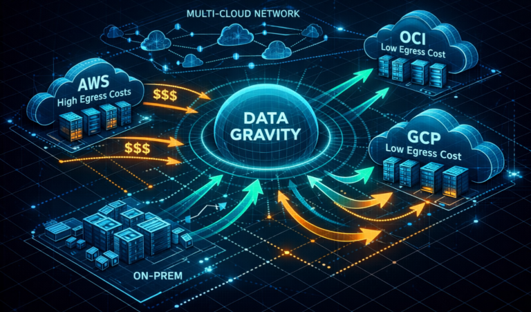 Isometric multi-cloud architecture diagram showing data gravity pulling workloads toward low-egress-cost regions, illustrating how egress economics shape cloud placement decisions.