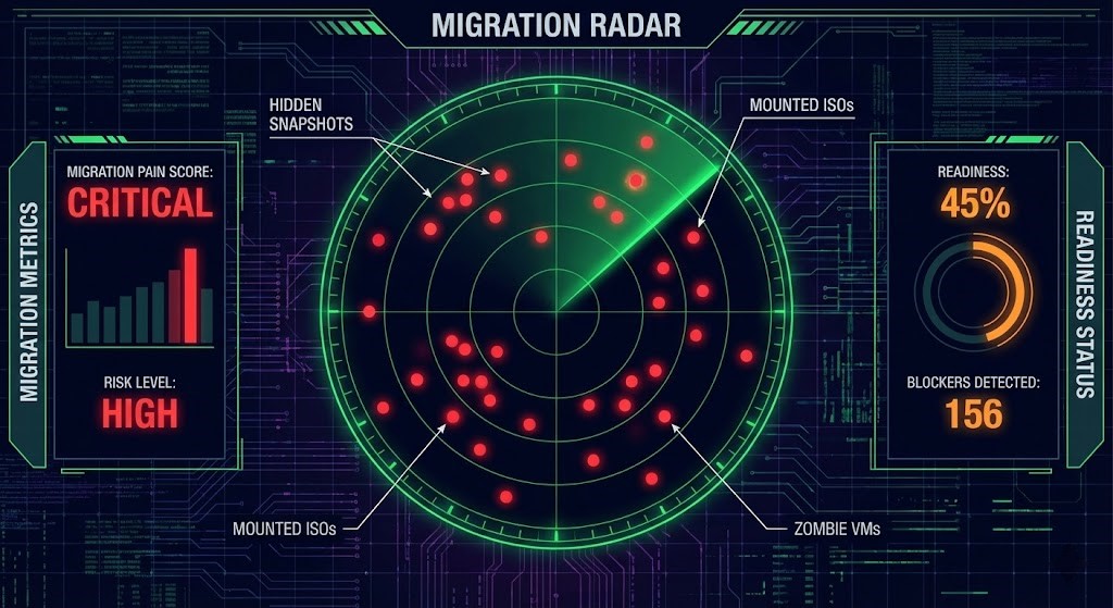 Migration readiness radar screen showing detected snapshots and zombie VMs.