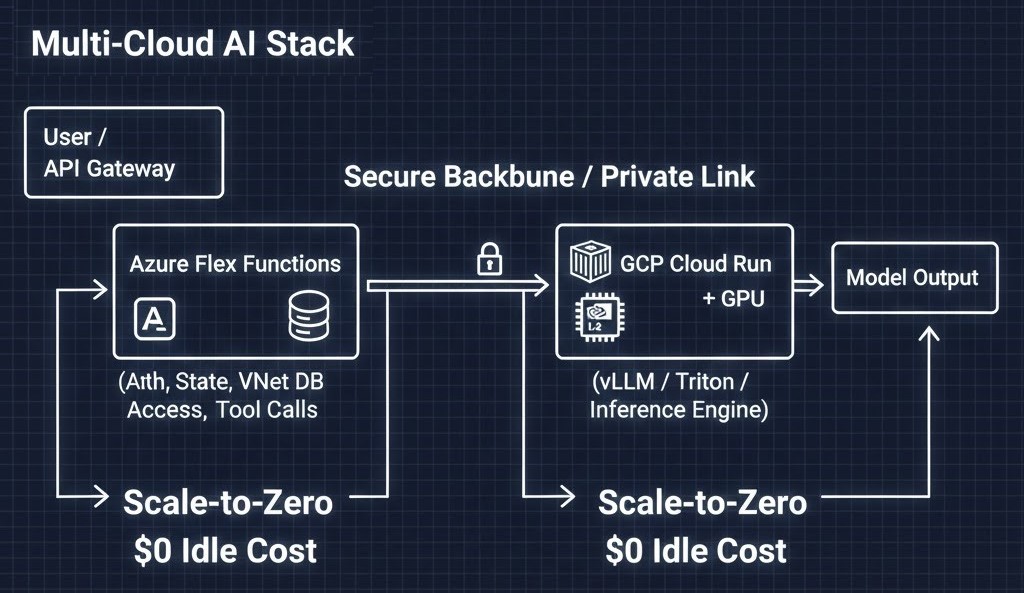 Flow diagram illustrating a multi-cloud AI architecture using Azure Flex Functions for orchestration and GCP Cloud Run with GPU for inference, connected via a secure private link.
