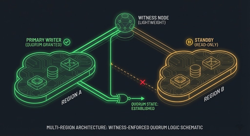 Blueprint-style isometric diagram of two cloud regions with a third lightweight witness node. Each region connects to the witness for quorum verification, ensuring only one region acts as primary writer at a time, preventing split-brain scenarios.