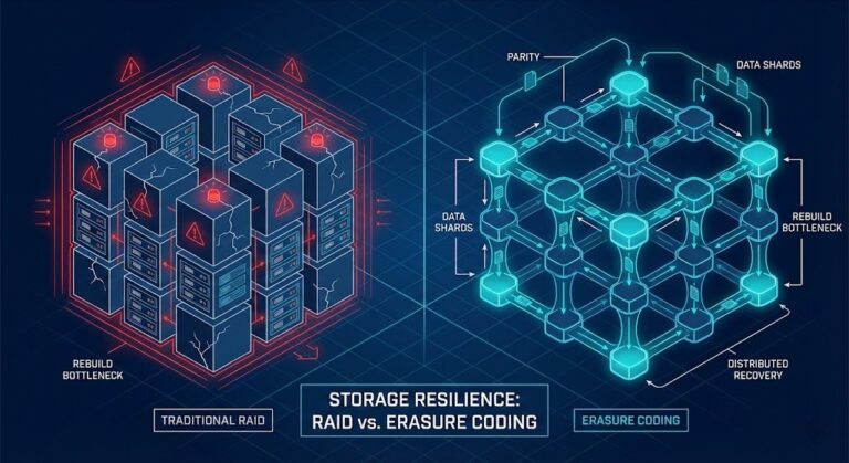 Isometric comparison of rigid RAID blocks versus fluid Erasure Coding mesh on a blueprint background.