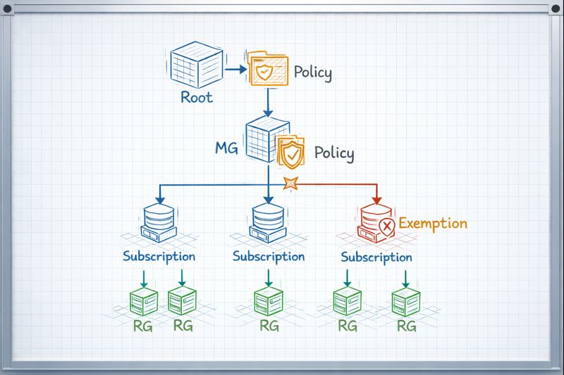 Flowchart diagram illustrating Azure Policy inheritance and exemptions