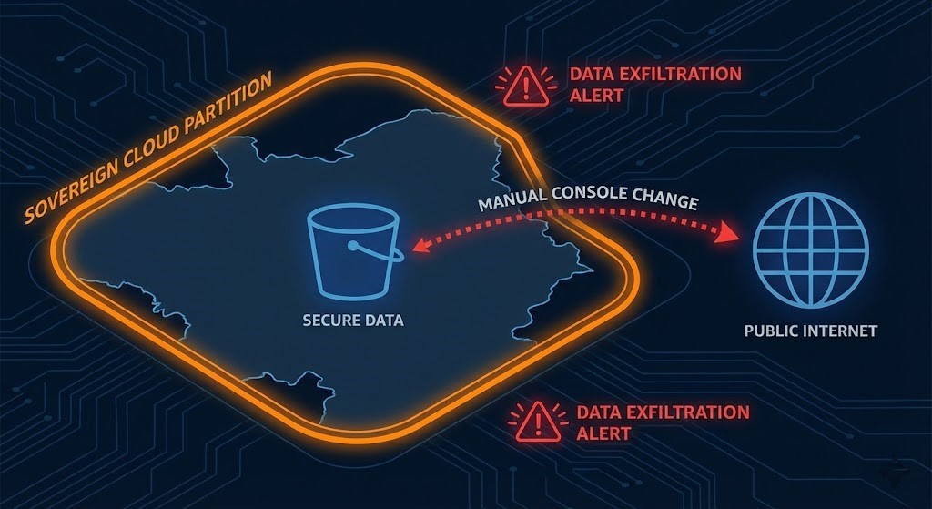 Illustration of "Semantic Drift" showing a manual console change violating a data sovereignty boundary by exposing a private resource.