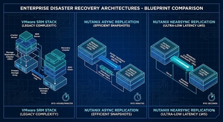 VMware SRM vs Nutanix Async and NearSync disaster recovery architecture