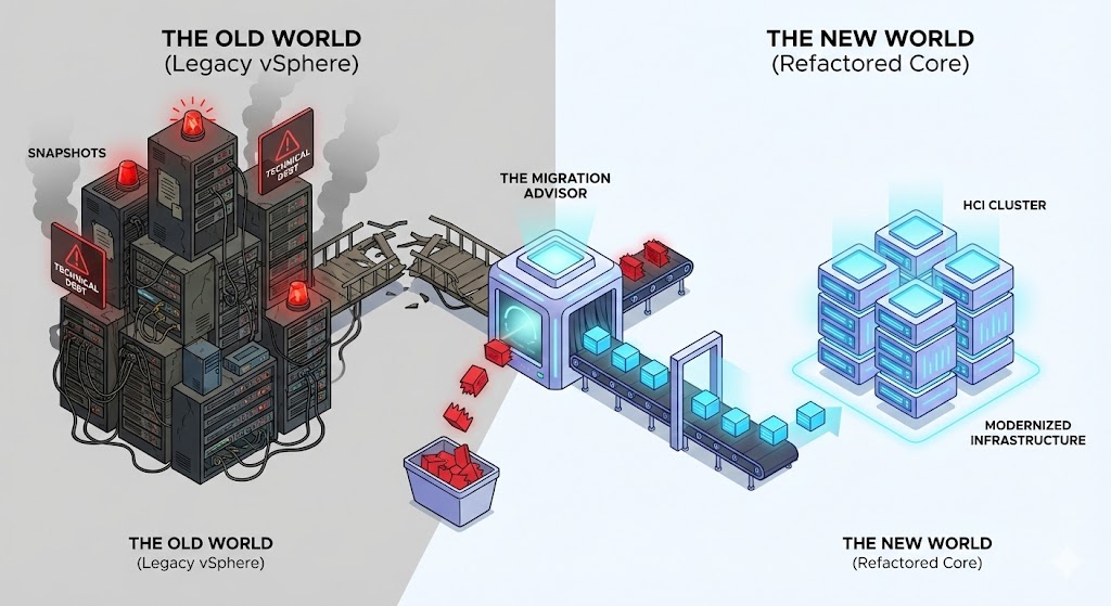 Conceptual diagram showing the filtering of technical debt during a VMware to HCI migration.