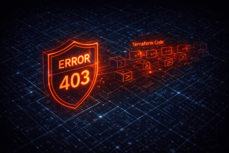 Isometric illustration of a Terraform 403 error shield blocking deployment