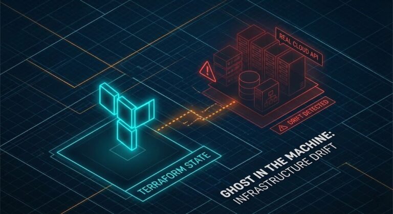 Conceptual illustration of Terraform State diverging from the actual Cloud API reality, depicting infrastructure drift.