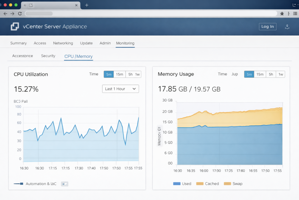 VAMI interface showing the "CPU/Memory" utilization graphs