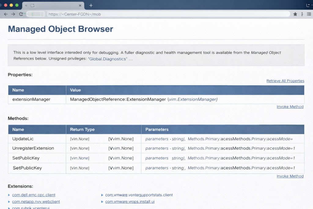 vcenter MOB (Managed Object Browser) interface.