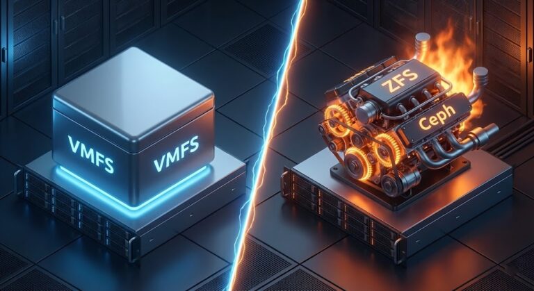 Conceptual diagram comparing storage abstraction. The left side shows VMware VMFS as a sealed, sleek grey box labeled "VMFS Abstraction." The right side shows Proxmox storage as an exposed, complex mechanical engine glowing with heat, labeled "Proxmox Physics (ZFS/Ceph)," illustrating exposed complexity.