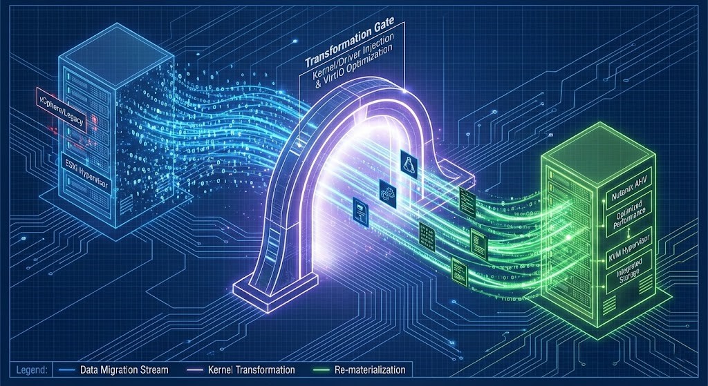 Isometric visualization of data flowing from vSphere to Nutanix AHV through a driver injection layer.