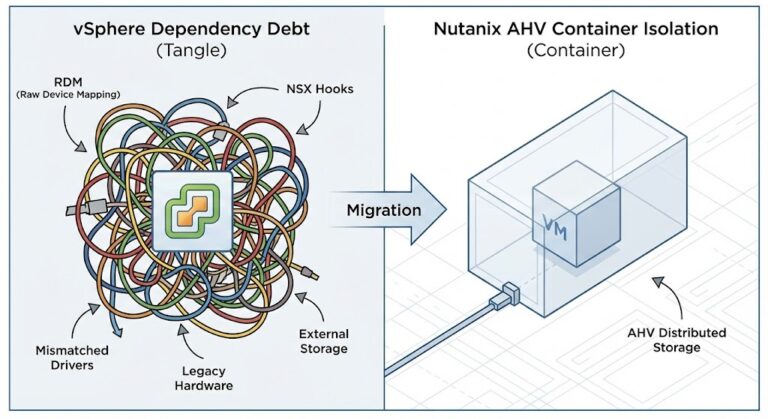 Diagram showing vSphere dependency debt vs Nutanix AHV container isolation.