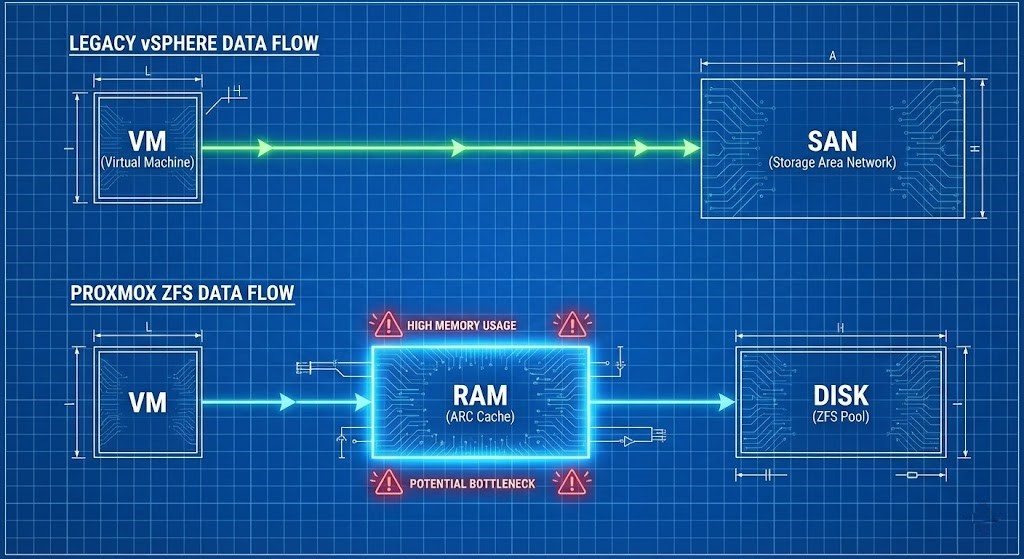 Technical blueprint diagram contrasting storage I/O paths. The top path, labeled "Legacy vSphere," shows a direct line from "VM" to "SAN." The bottom path, labeled "Proxmox ZFS," shows data flowing from "VM" into a large, glowing block labeled "RAM (ARC Cache)" with warning indicators before reaching the "Disk," highlighting memory dependency.