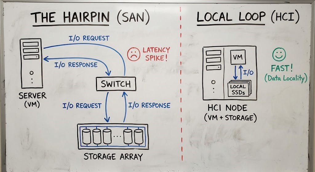 Diagram illustrating the network hop difference between 3-Tier SAN traffic and HCI data locality.
