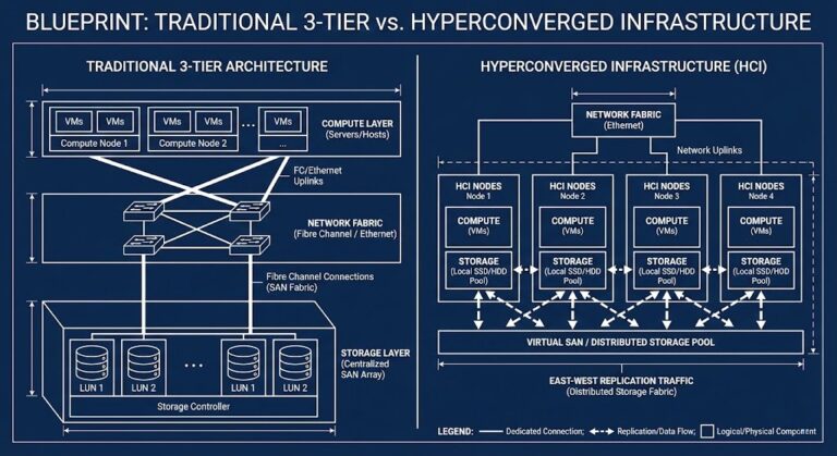 Traditional SAN vs hyperconverged distributed storage architecture comparison